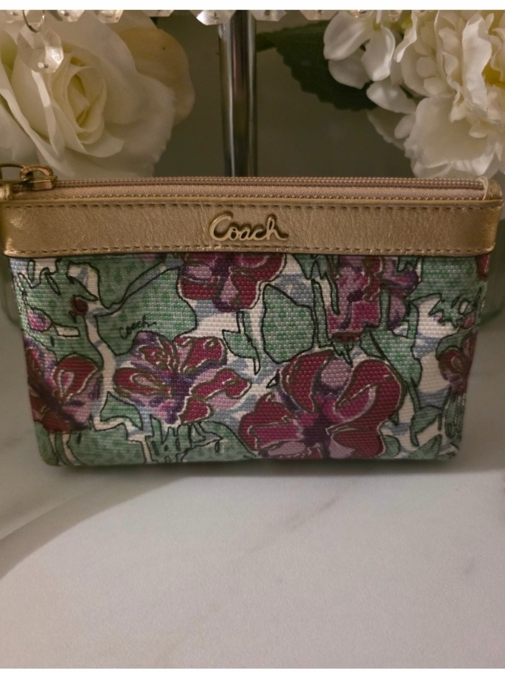 Coach Floral Canvas Cosmetic Pouch in Green, Pink and Gold